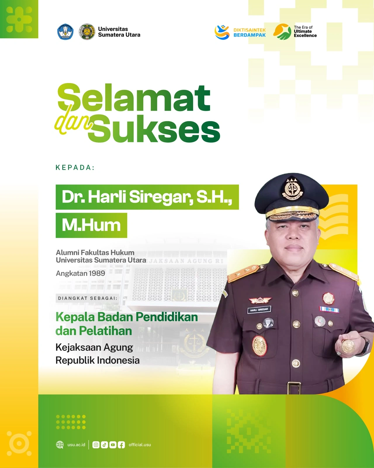 Alumni FH USU, Dr. Harli Siregar, S.H., M.Hum Menjabat Kepala Badan Pendidikan dan Pelatihan Kejaksaan Agung